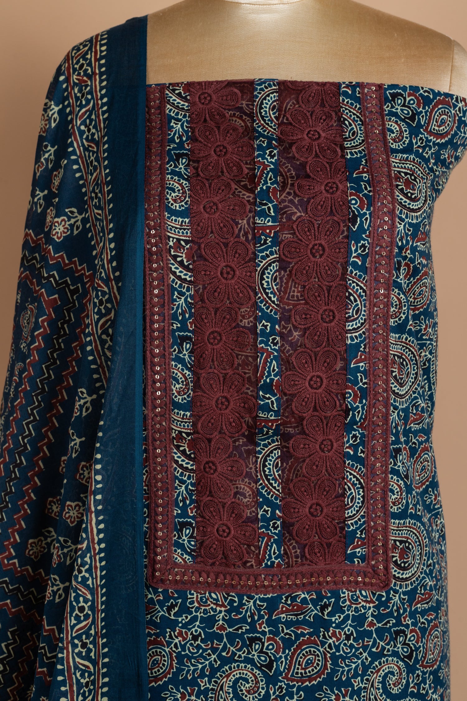 Roze Soft Cotton Blue Unstitched Suit Set