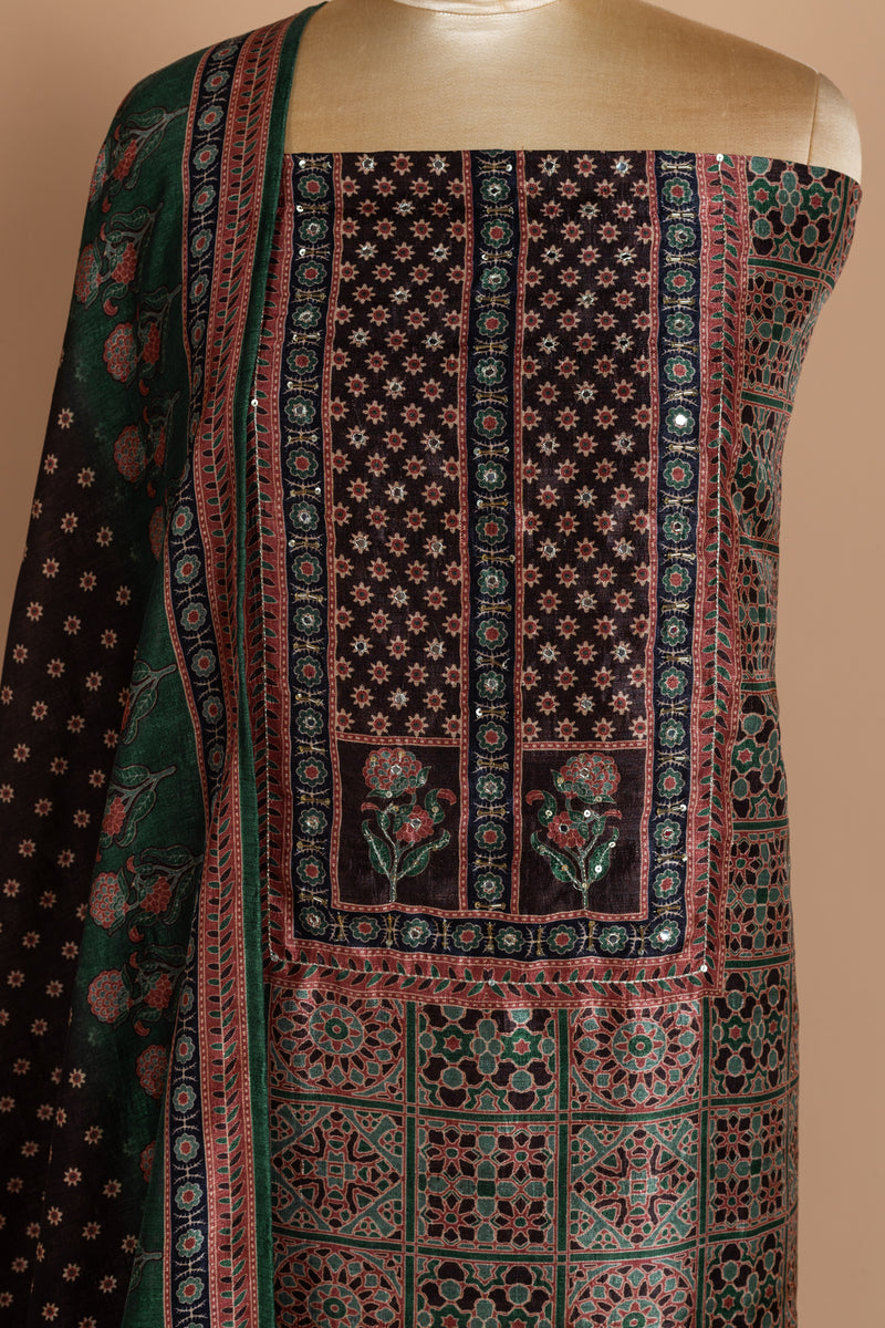 Green Chanderi Silk Unstitched Suit Set