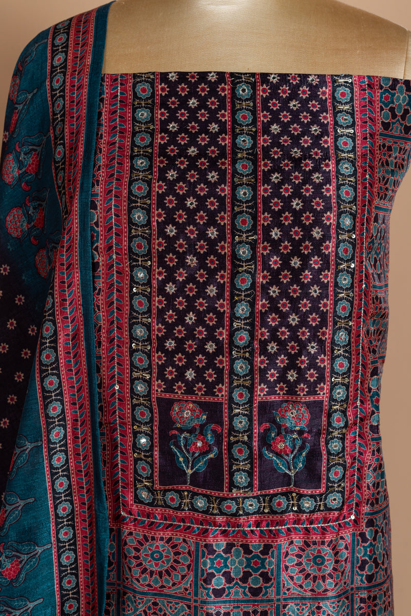 Blue Chanderi Silk Unstitched Suit Set
