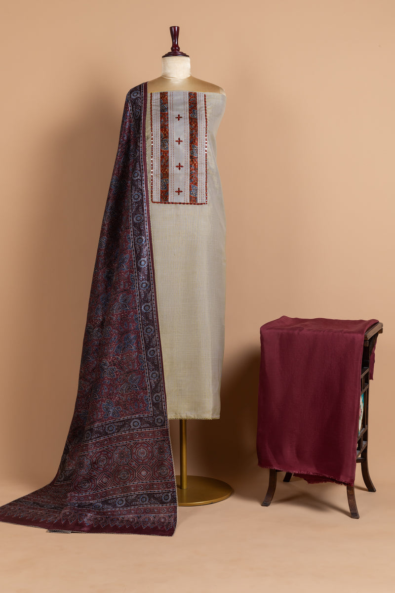 Beige With maroon Chanderi Silk unstitched Suit Set