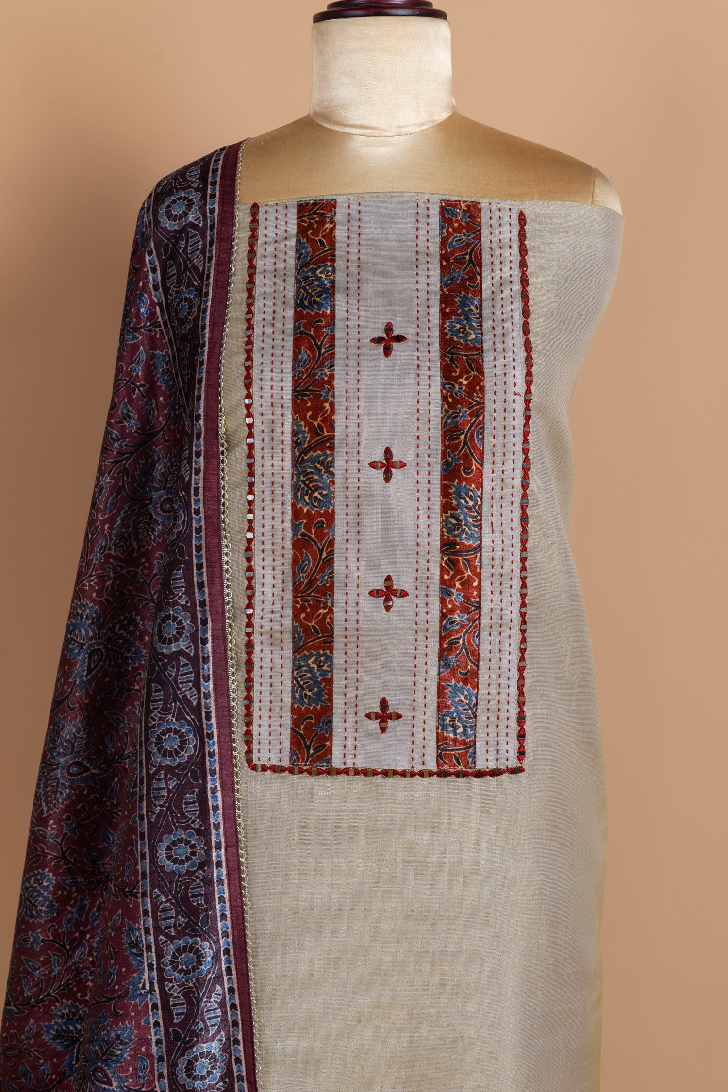 Luxe Shimmer Silk Beige With maroon unstitched Suit Set