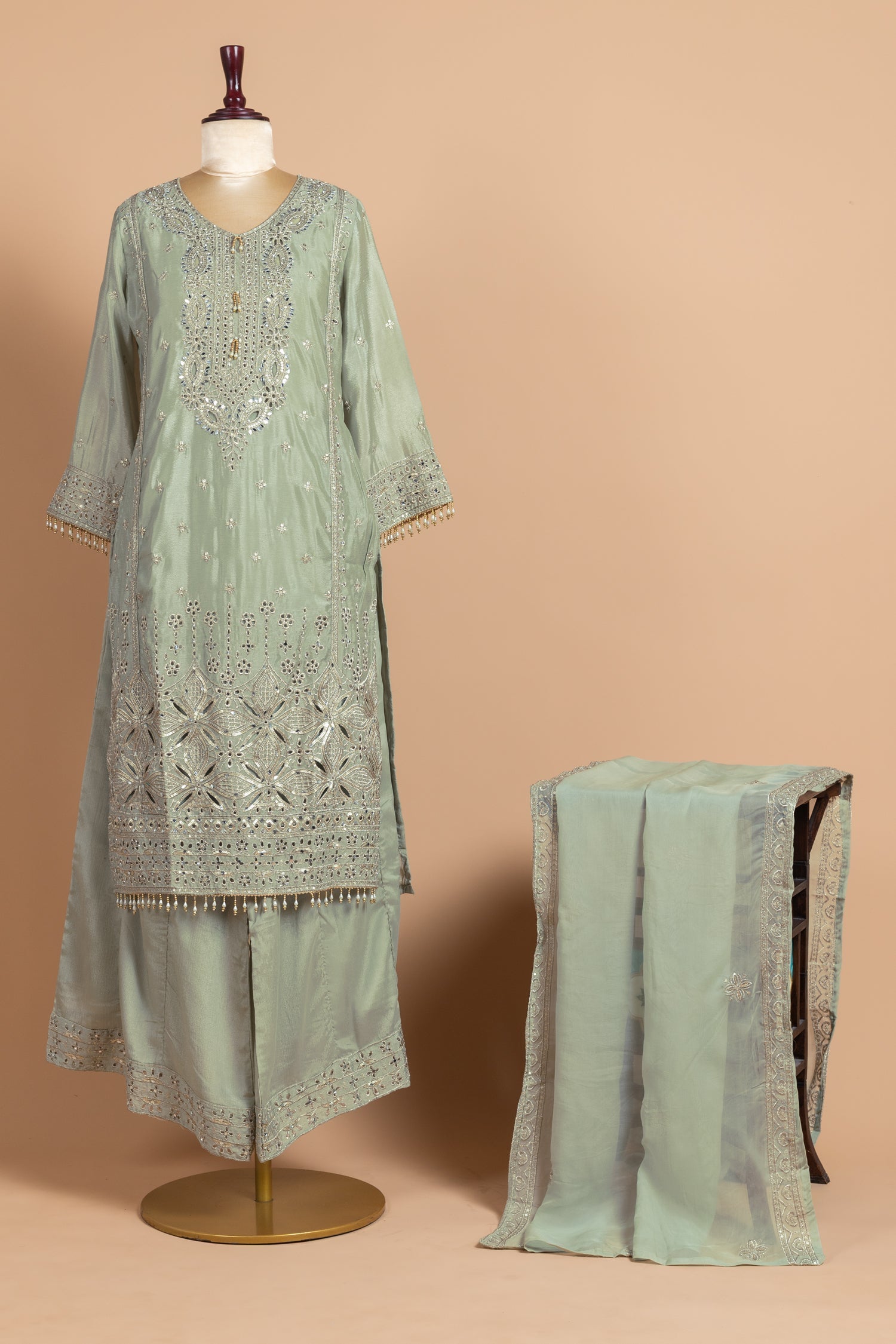 Anokhi Shimmer Silk Pista Green readymade Set Sterling House