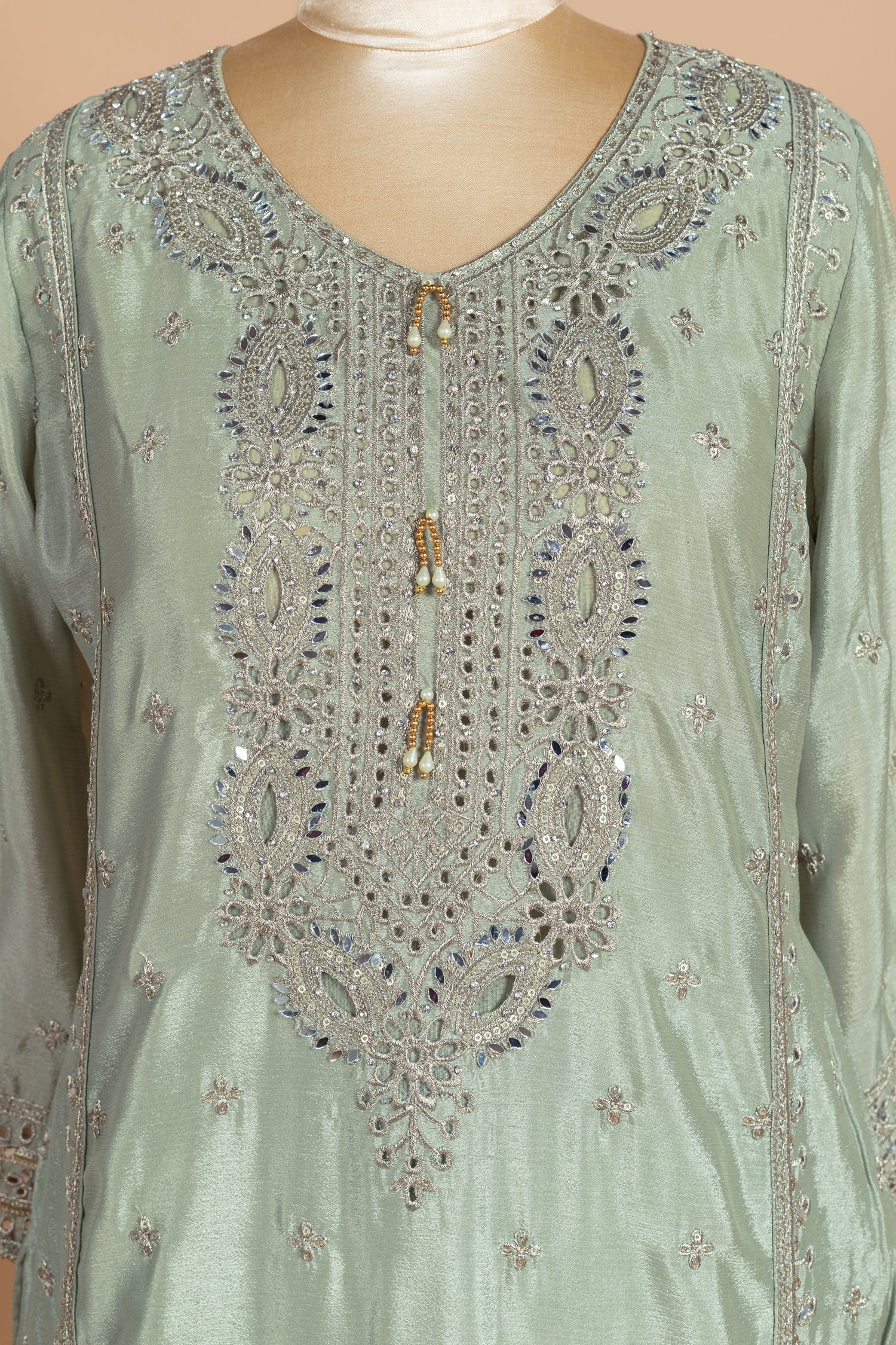 Anokhi Shimmer Silk Pista Green readymade Set Sterling House
