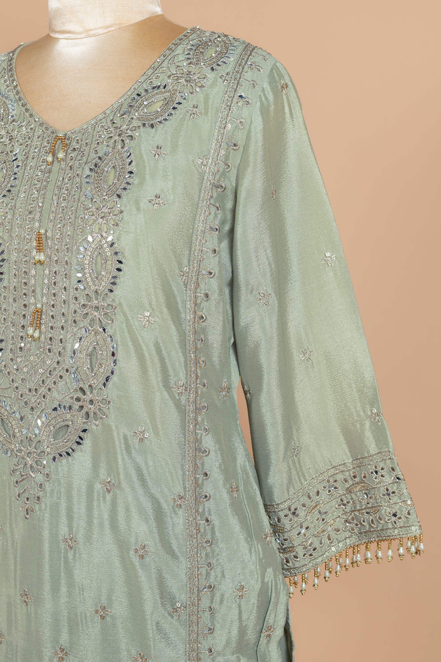 Anokhi Shimmer Silk Pista Green readymade Set Sterling House