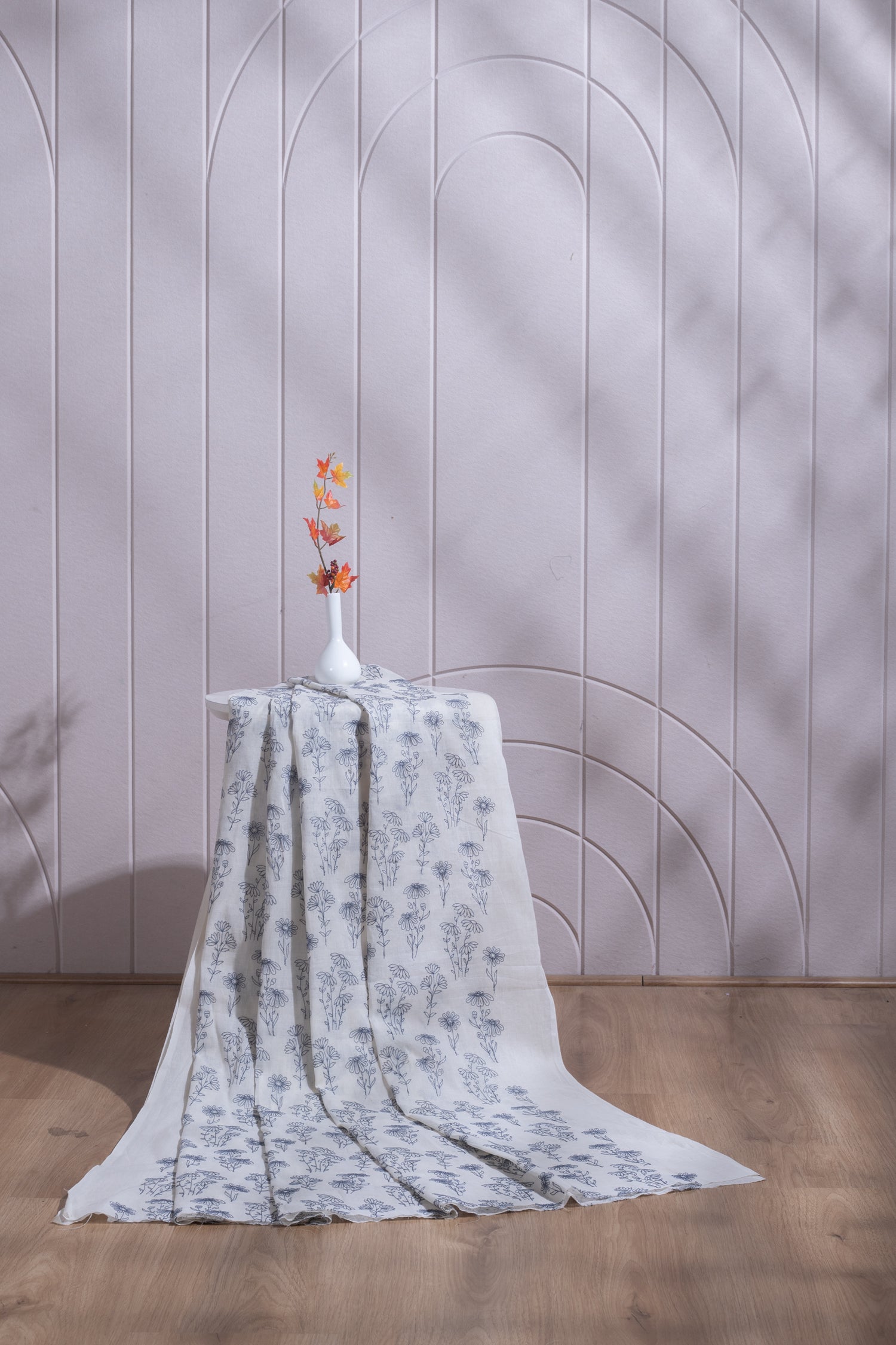 Linen Chanderi White With Blue Embroidered Fabric