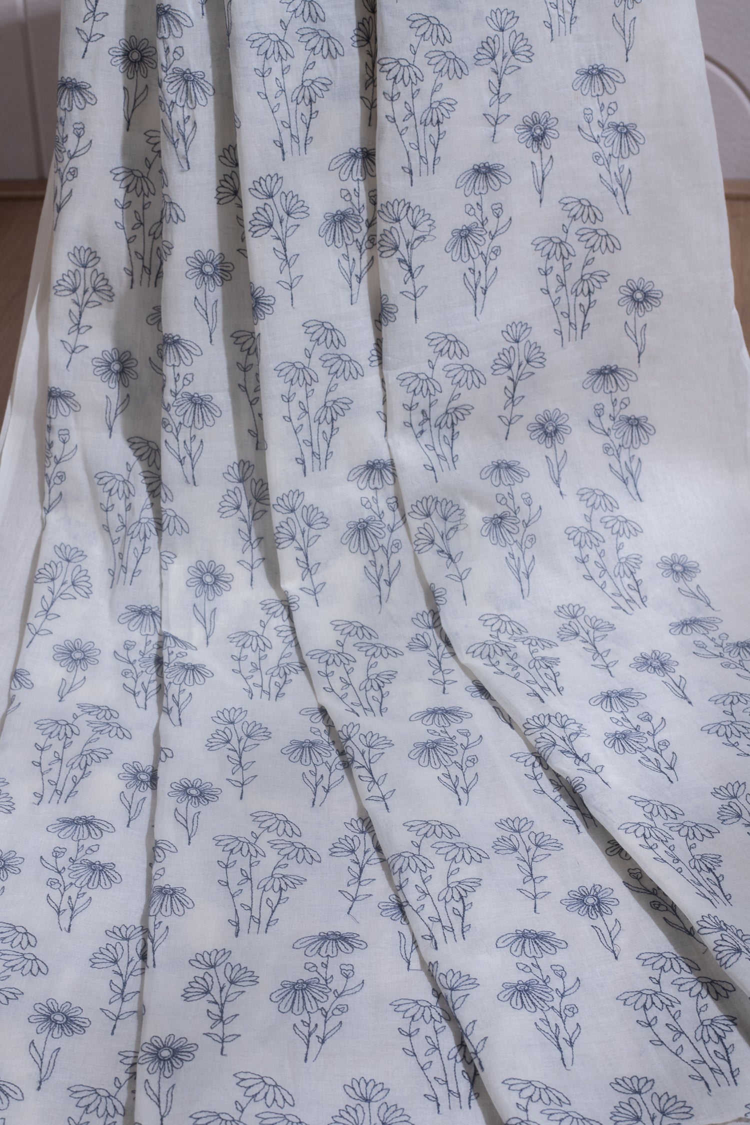 Linen Chanderi White With Blue Embroidered Fabric