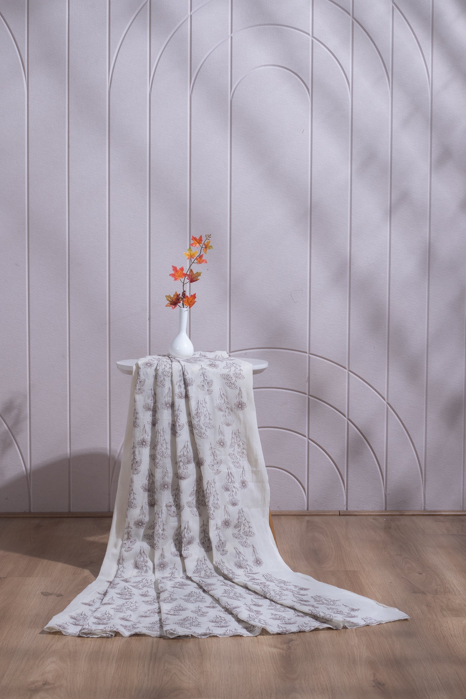 Linen Chanderi White With Brown Embroidered Fabric