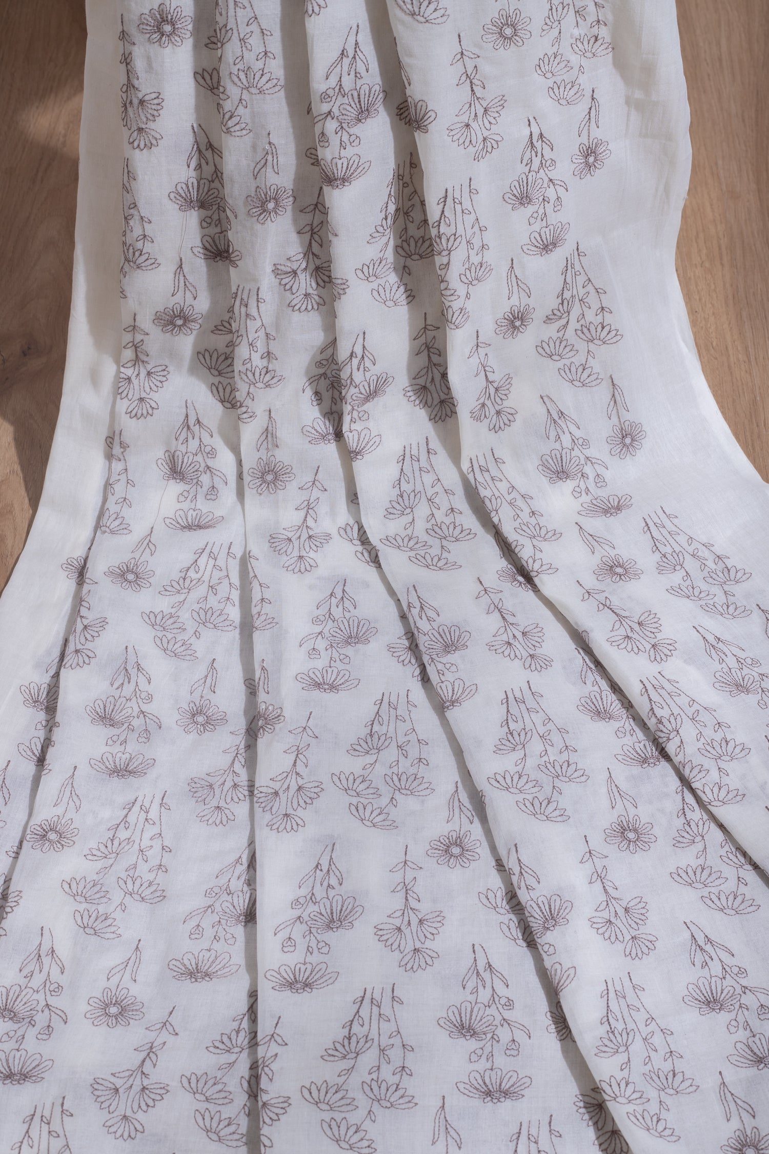 Linen Chanderi White With Brown Embroidered Fabric