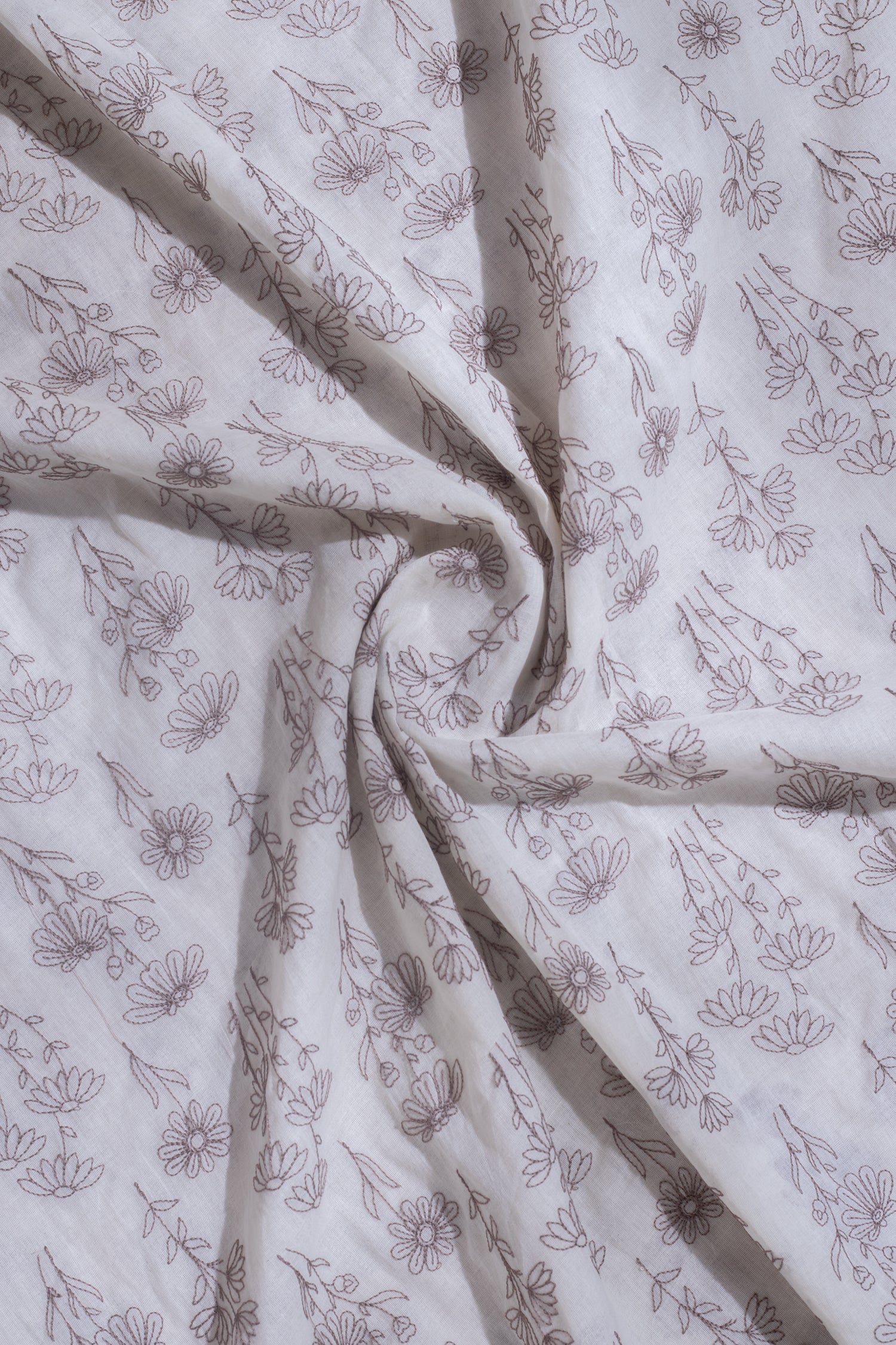 Linen Chanderi White With Brown Embroidered Fabric