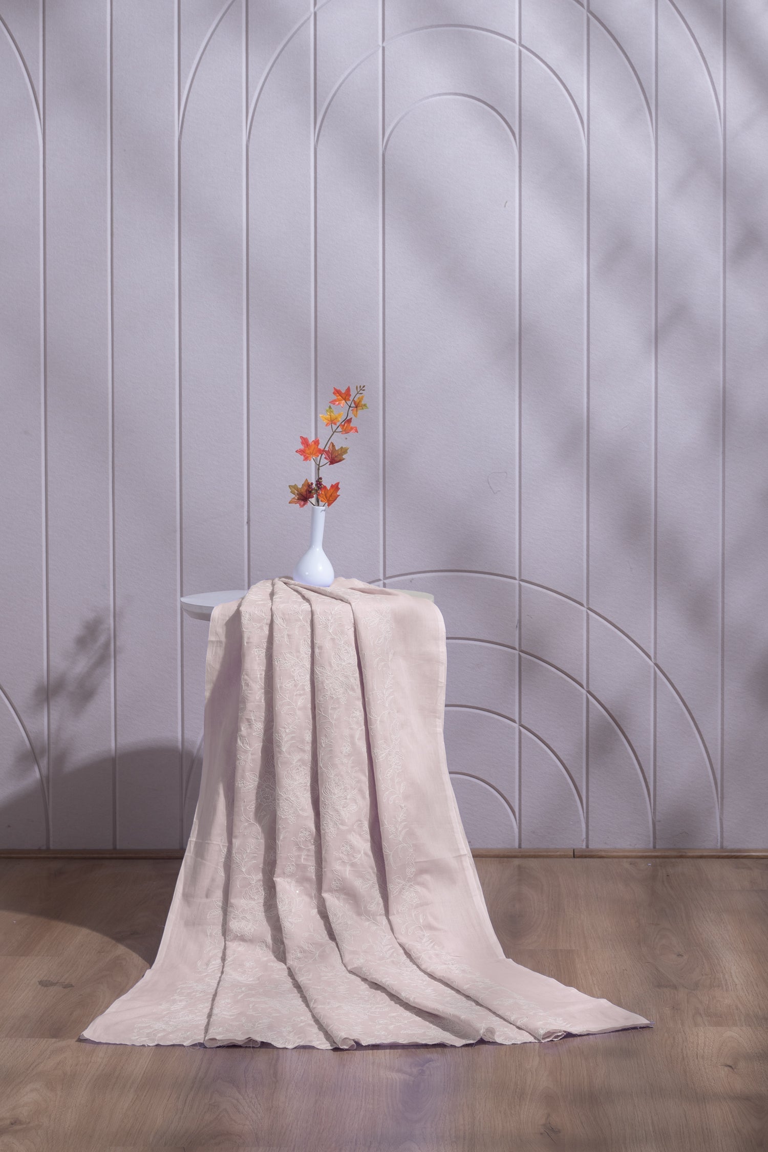 Linen Chanderi Lilac With White Embroidered Fabric