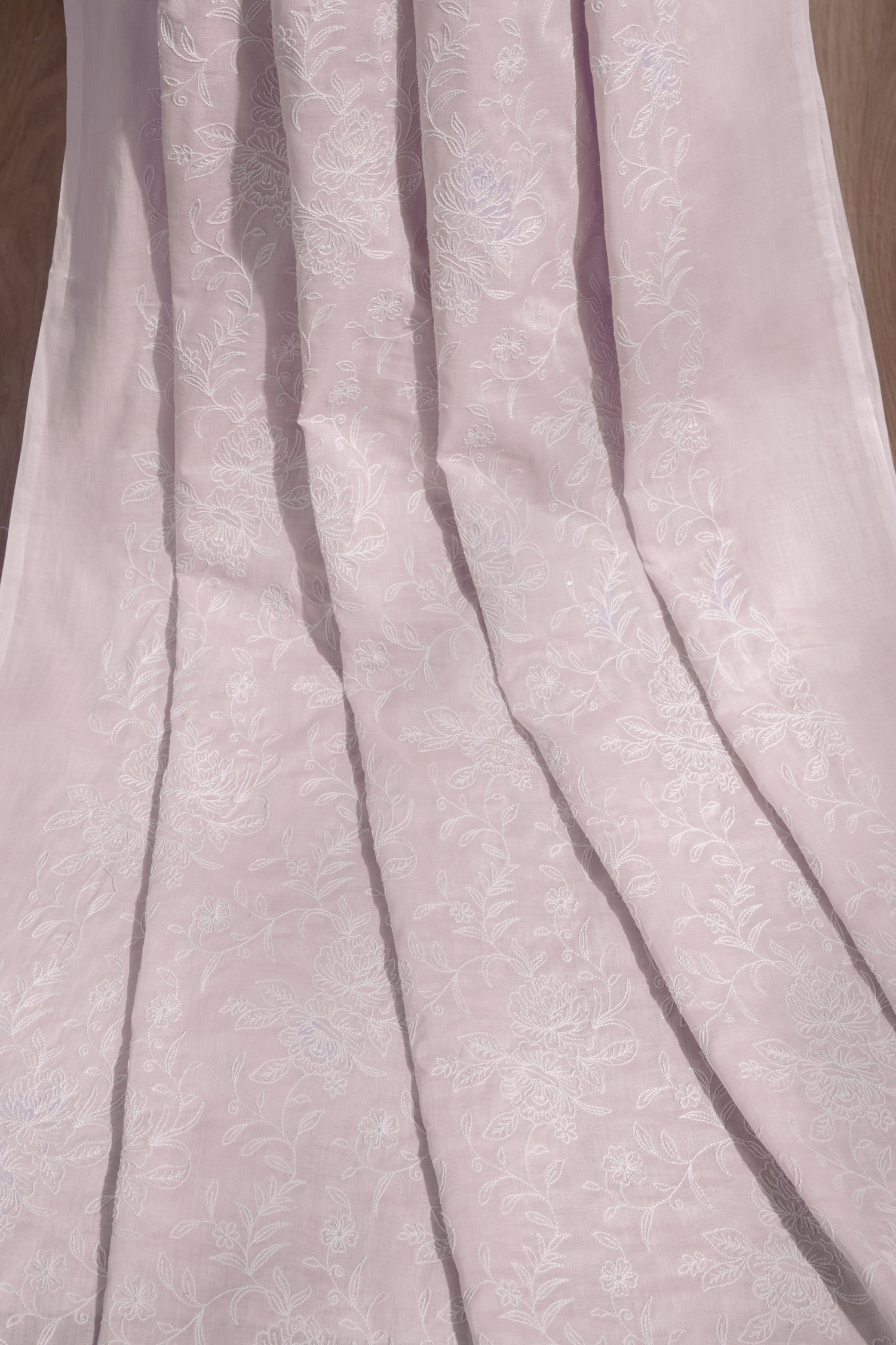 Linen Chanderi Lilac With White Embroidered Fabric