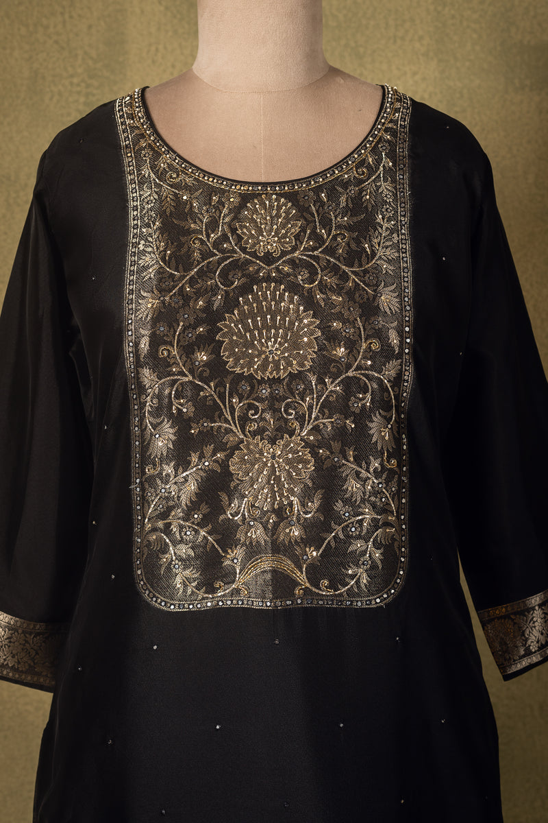 Jet Black Zari Silk Blend Readymade Set Sterling House