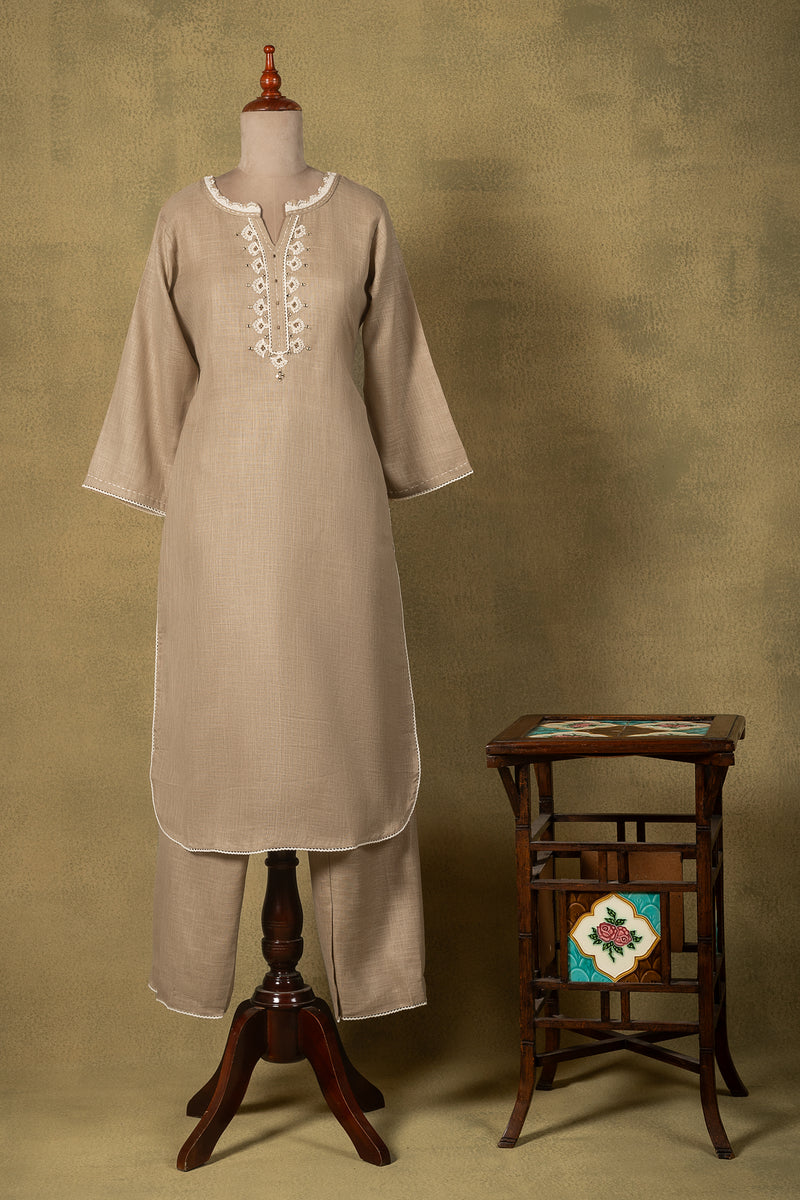 Beige Linen Cotton Embroidered Readymade Set