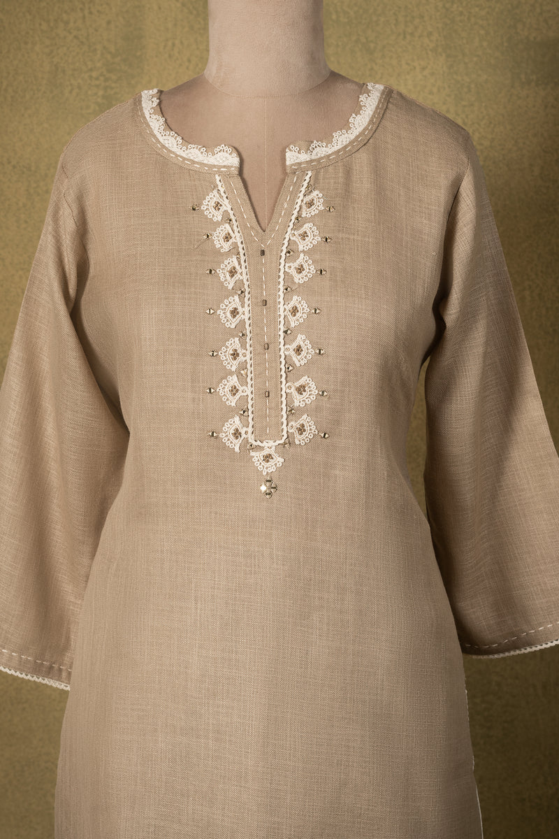 Beige Linen Cotton Embroidered Readymade Set