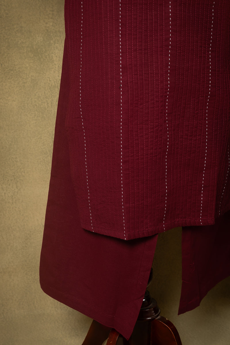 Deep Maroon Zari Stripe Cotton Readymade Set