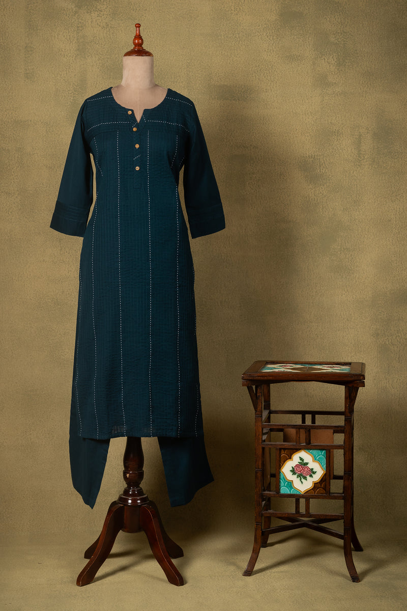 Deep Teal Blue Zari Stripe Cotton Readymade Set