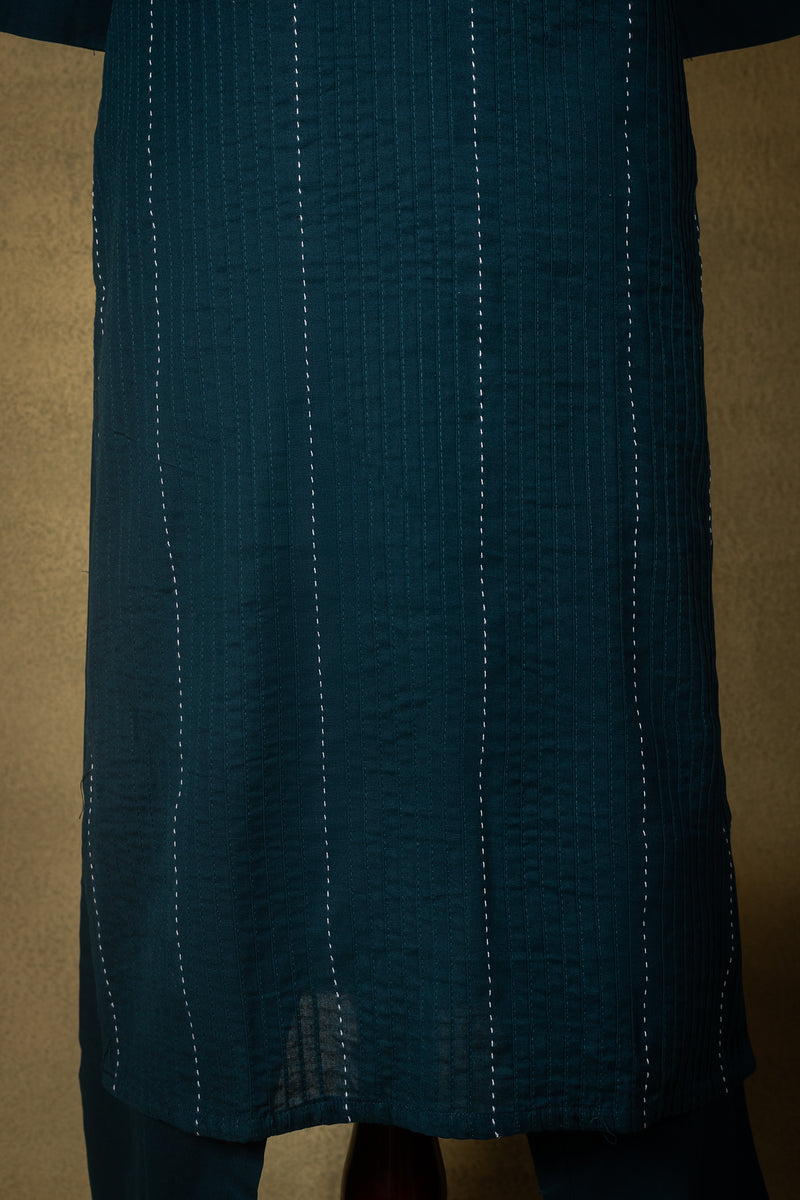 Deep Teal Blue Zari Stripe Cotton Readymade Set