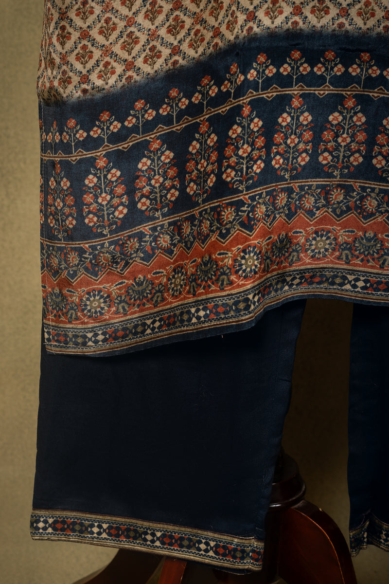 Beige Navy Printed Muslin Readymade Set