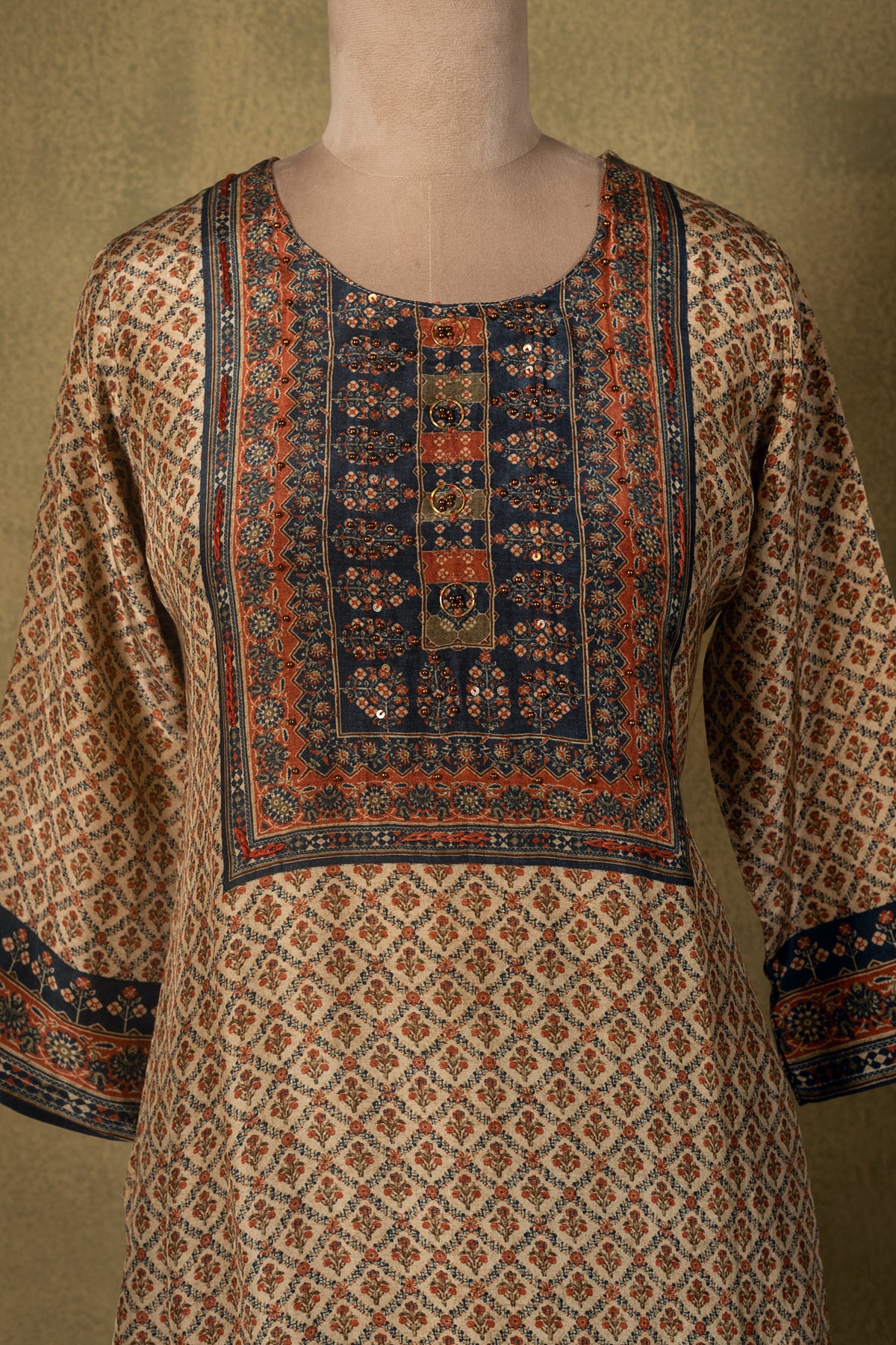 Beige Navy Printed Muslin Readymade Set