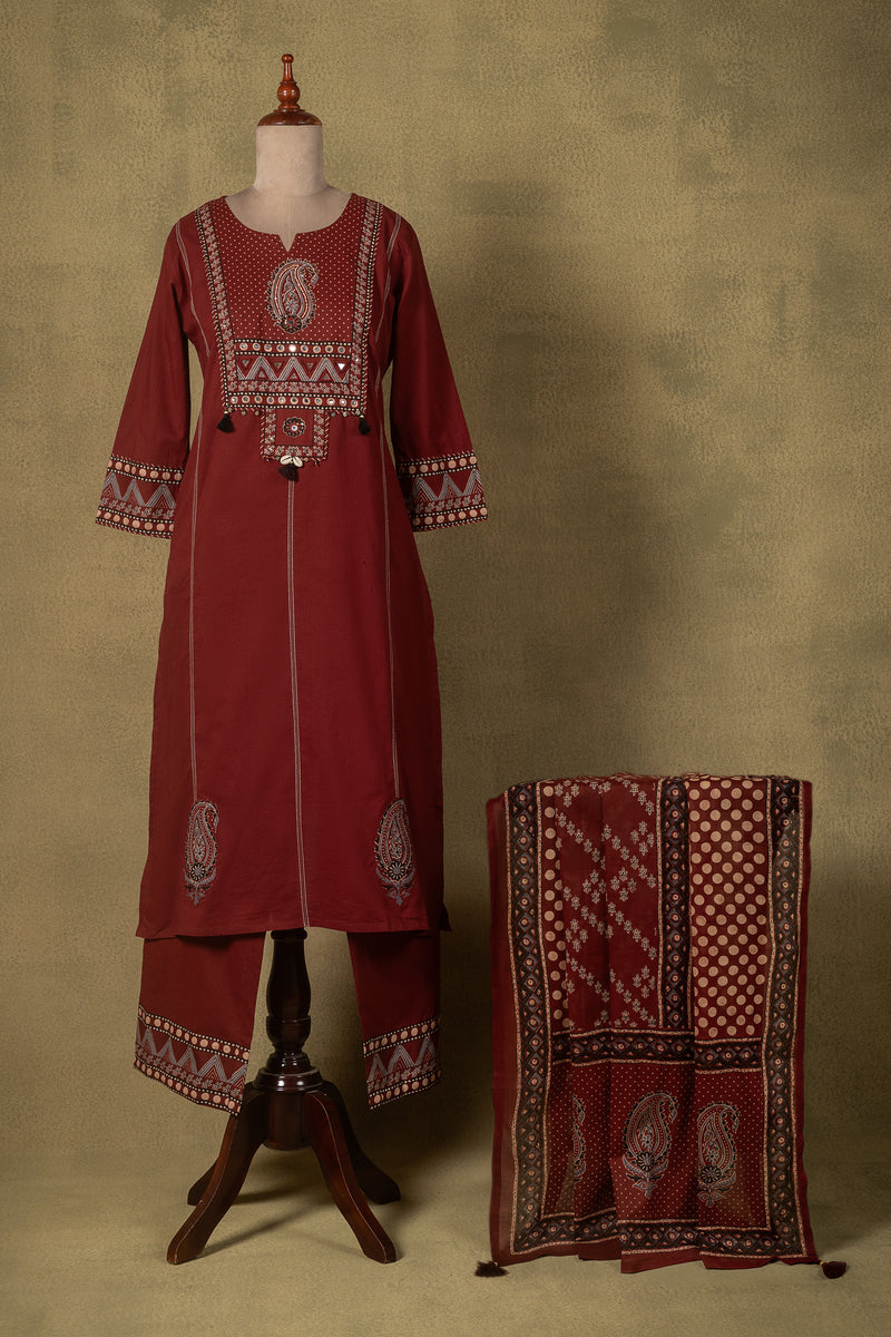 Rust Red Mirror Work Cotton Readymade Set