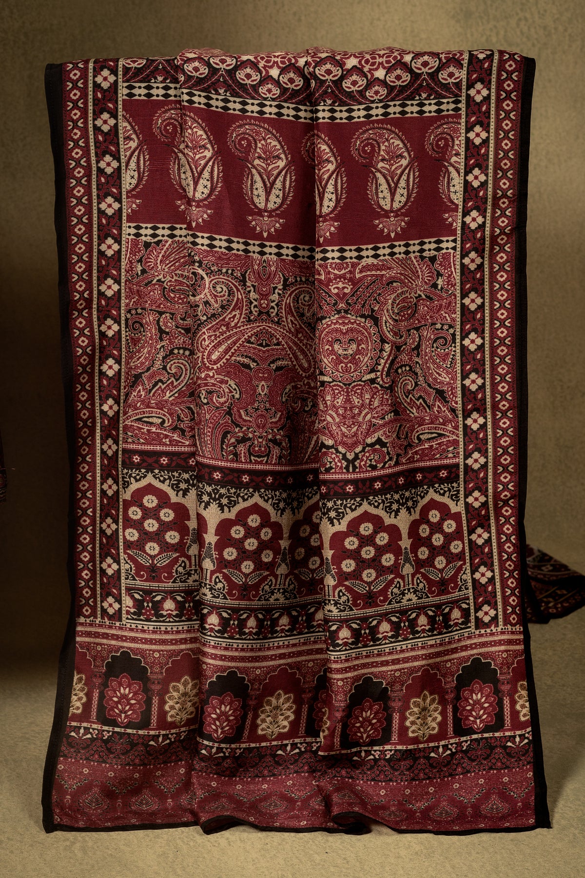 Deep Maroon Black Ajrak Muslin Readymade Set
