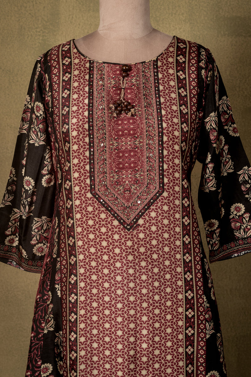 Deep Maroon Black Ajrak Muslin Readymade Set
