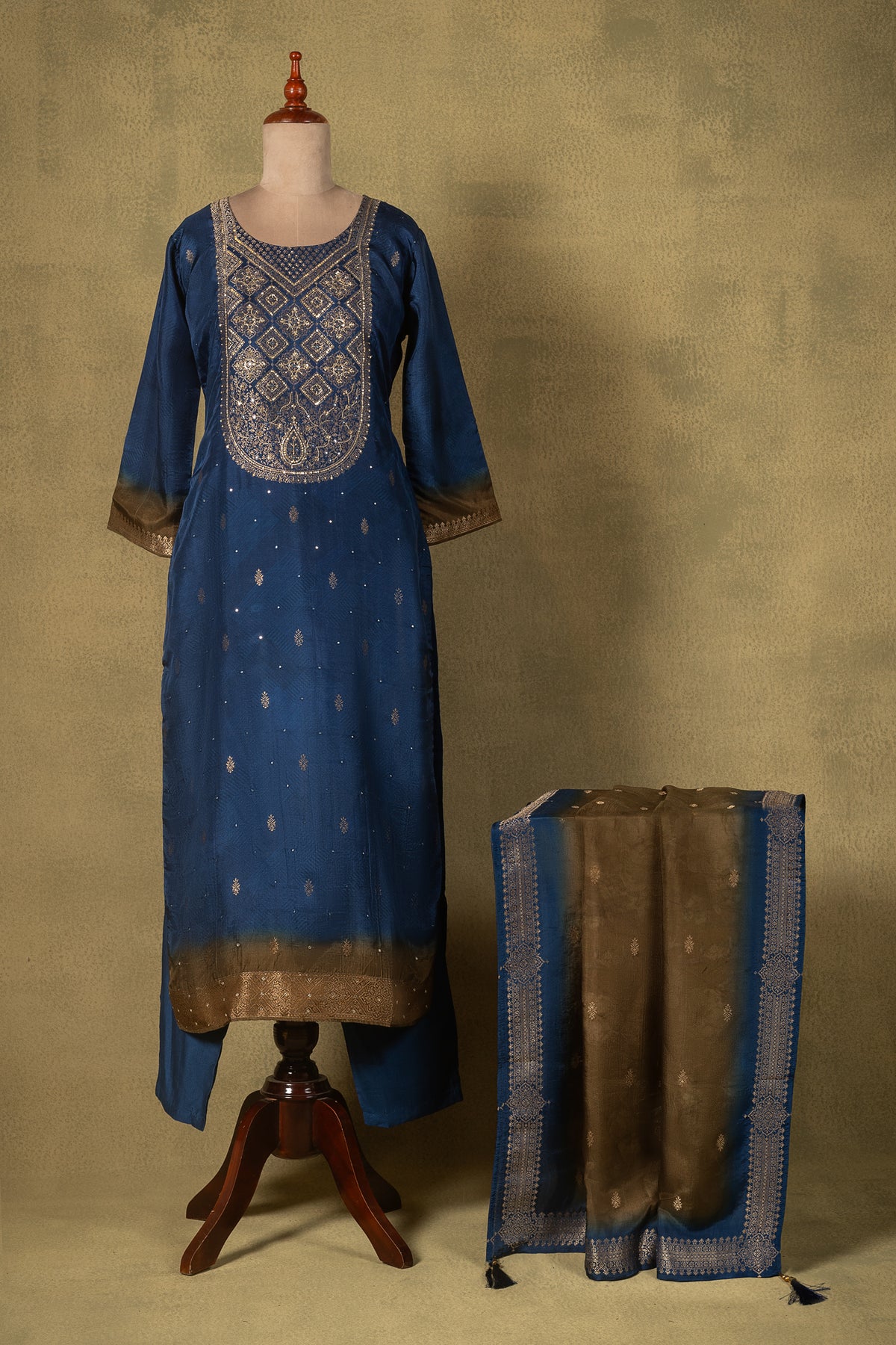 Blue Embroidered Silk Blend Readymade Set