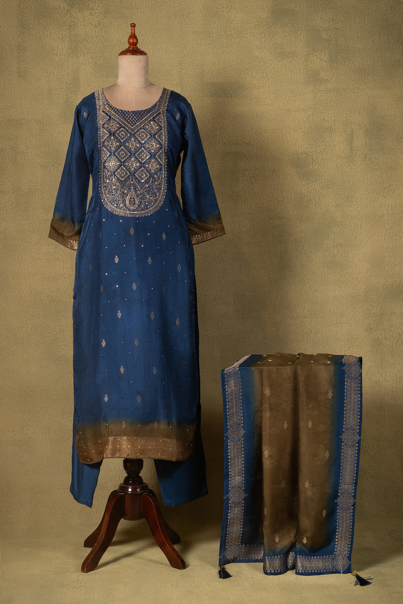 Blue Embroidered Silk Blend Readymade Set