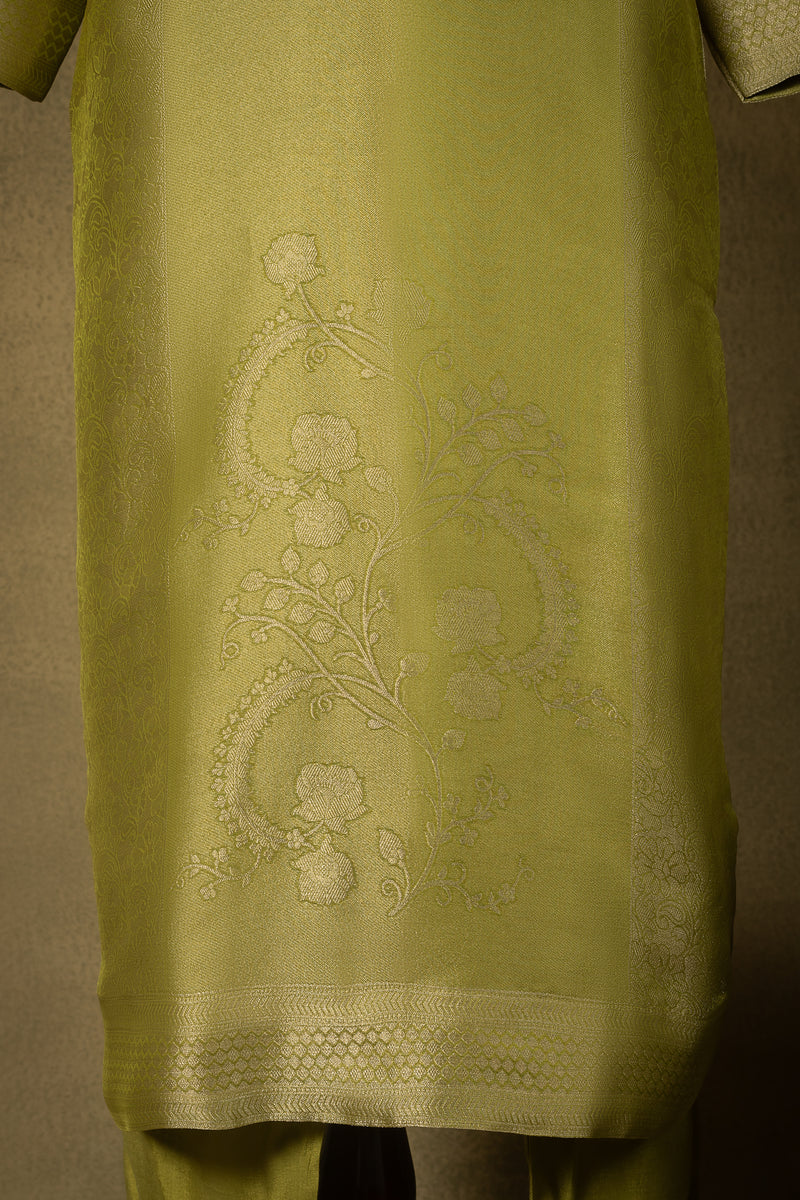 Lime Green Floral Jacquard Silk Blend Readymade Set