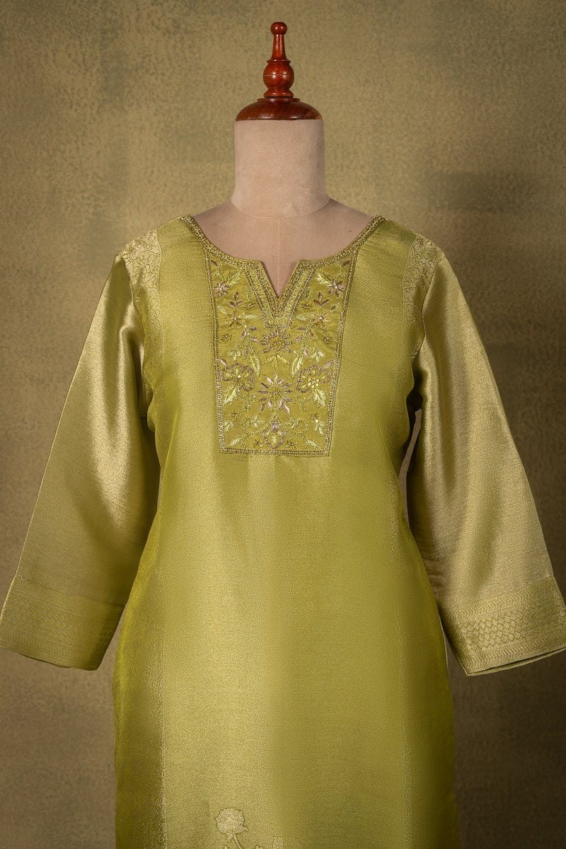 Lime Green Floral Jacquard Silk Blend Readymade Set