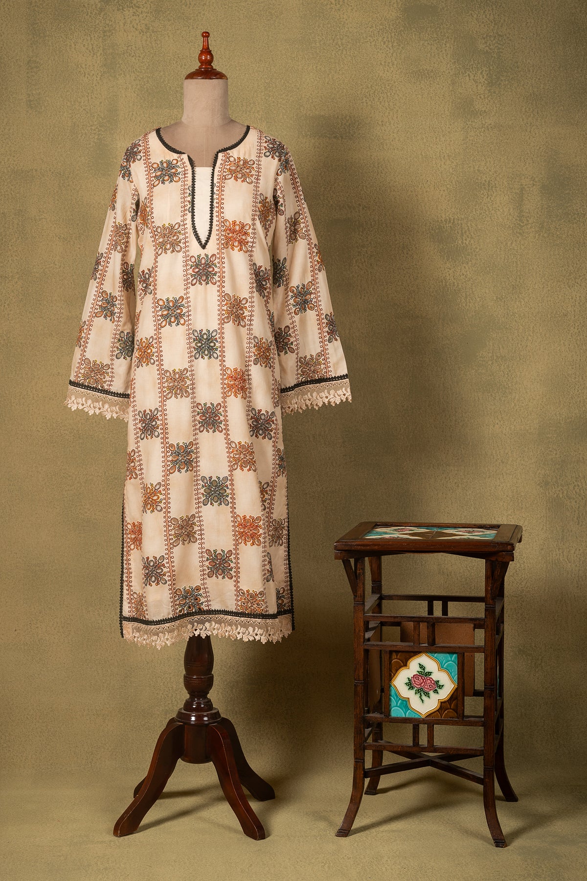 Cream Rust Brown Lawn Cotton Readymade Set