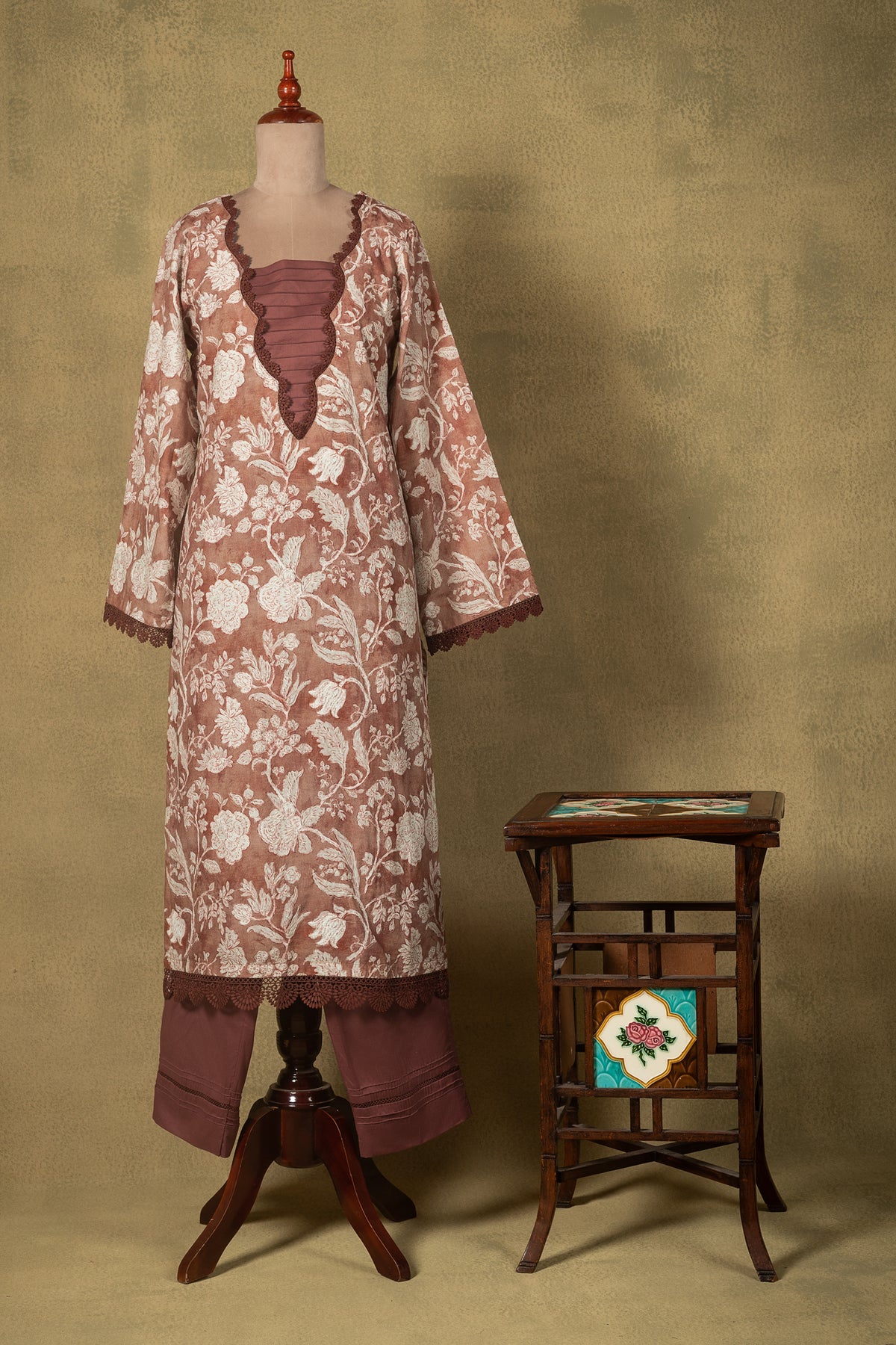 Dusty Brown Floral Lawn Cotton Readymade Set