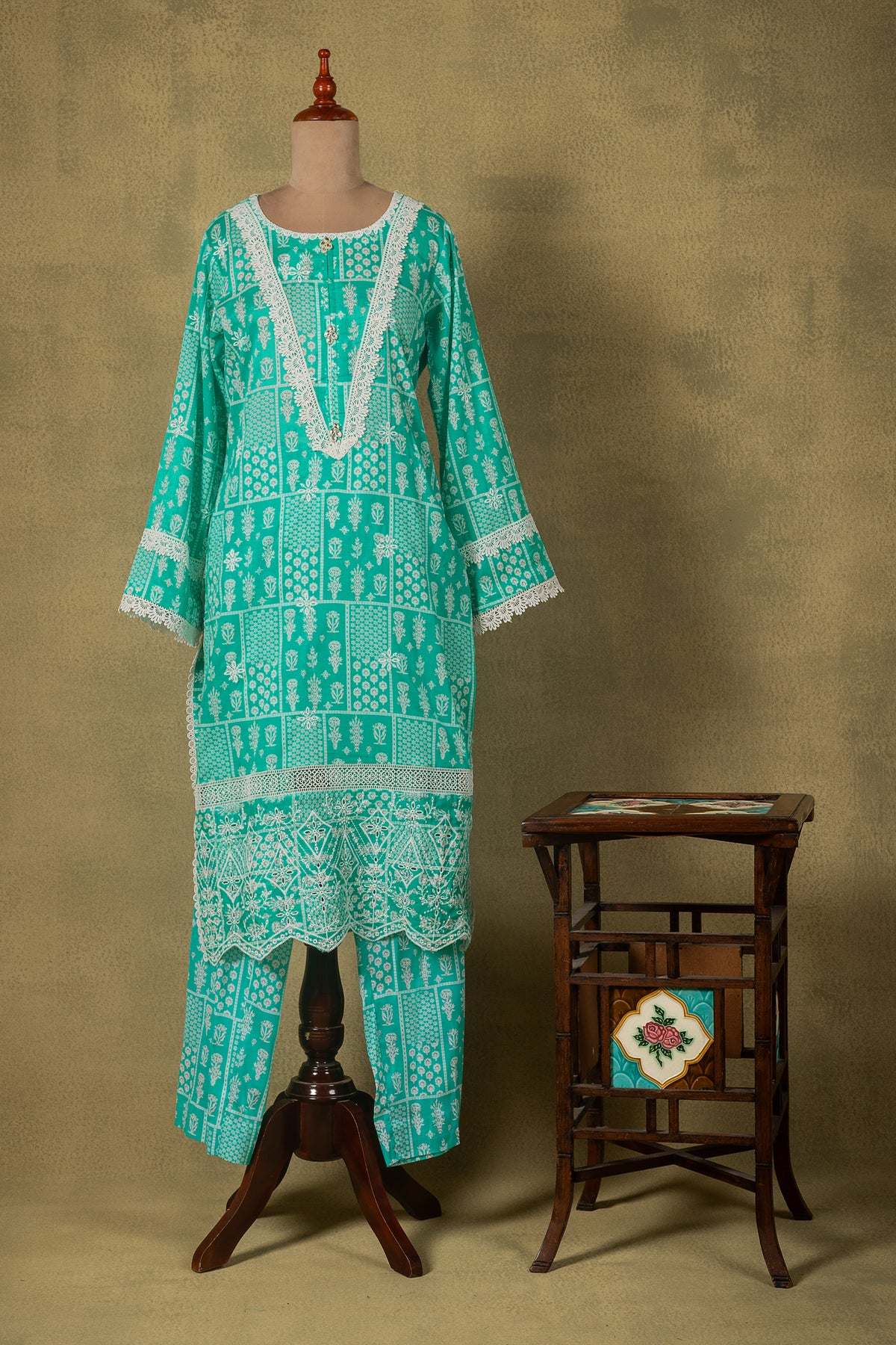 Seafoam Green Geometric Lawn Cotton Readymade Set