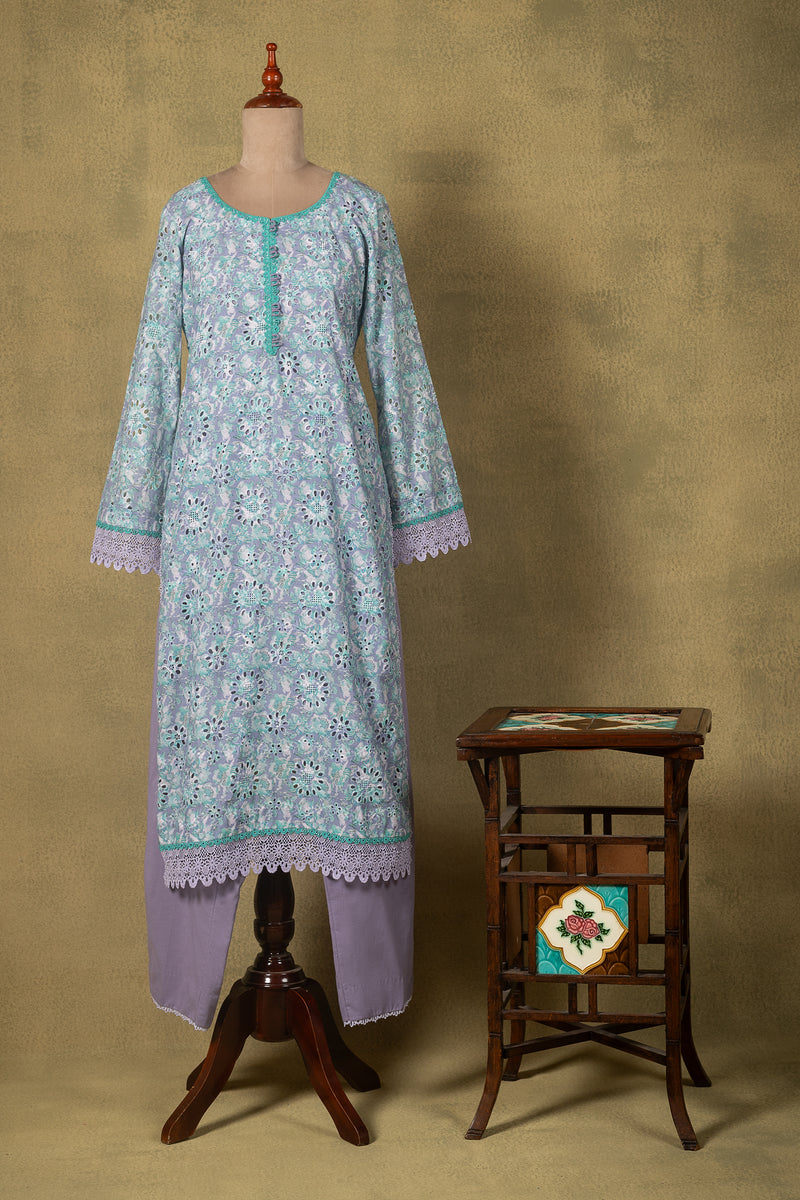 Sky Blue Floral Lawn Cotton Readymade Set