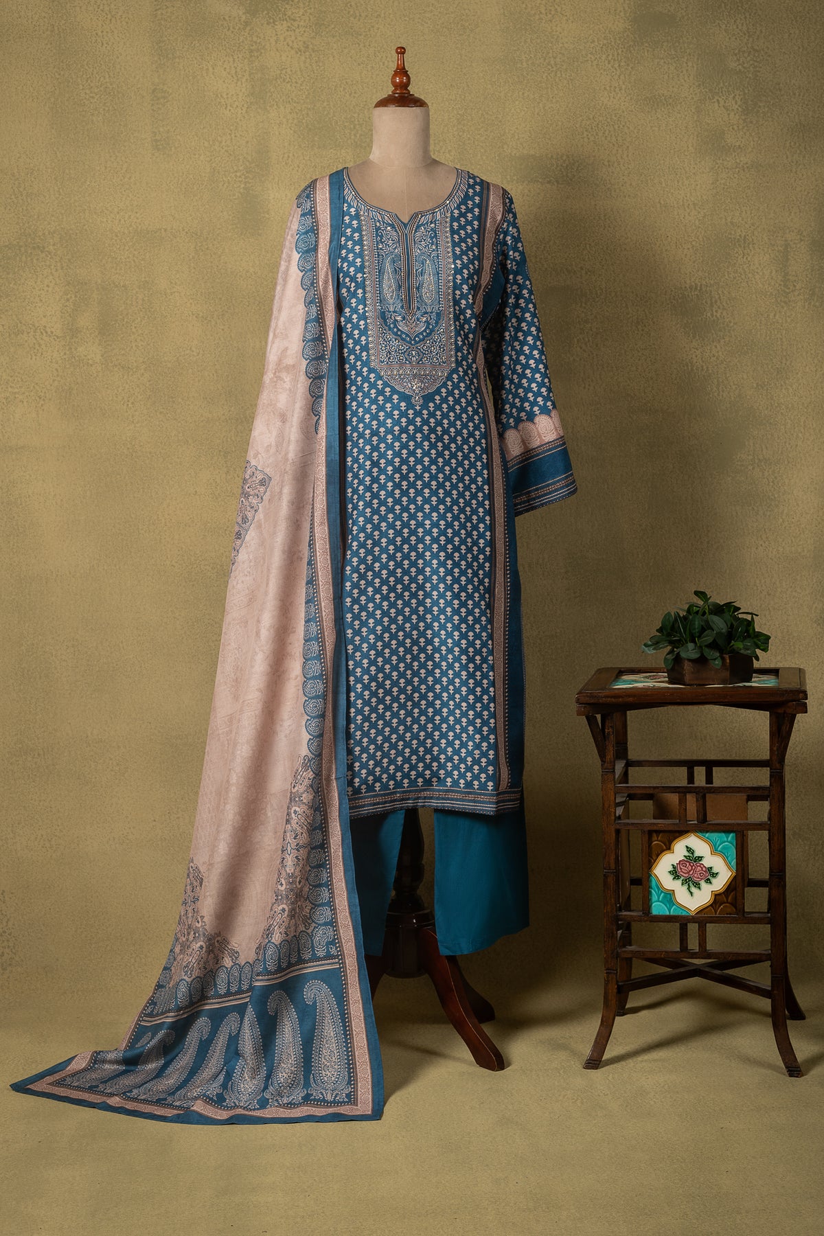 Teal Blue Floral Muslin Cotton Readymade Set