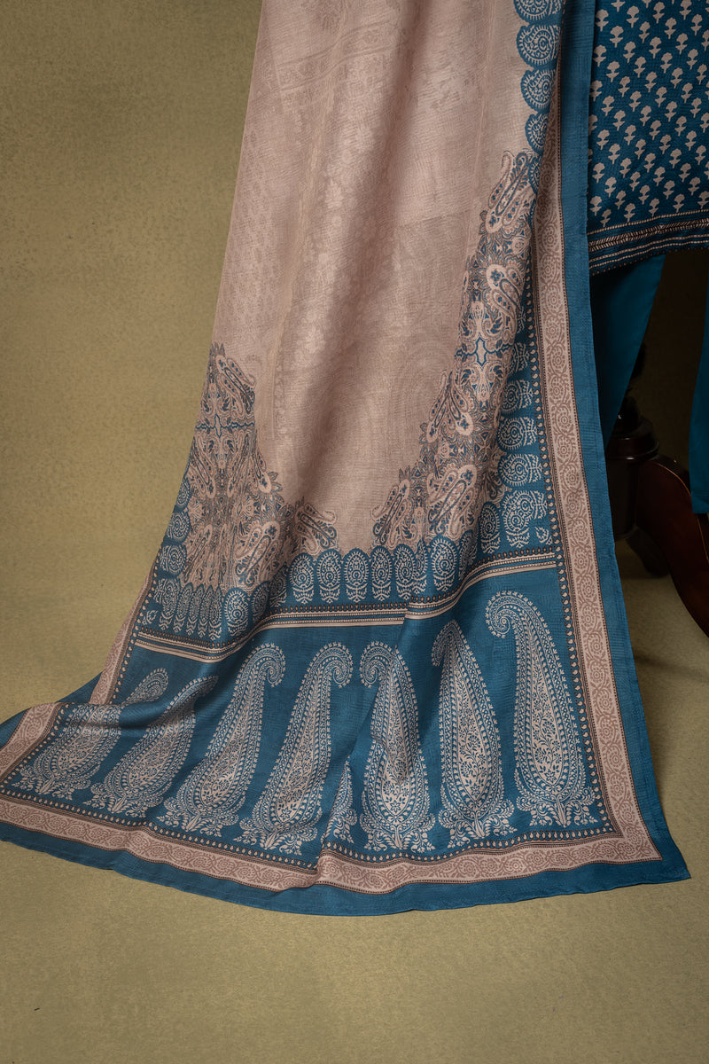 Teal Blue Floral Muslin Cotton Readymade Set
