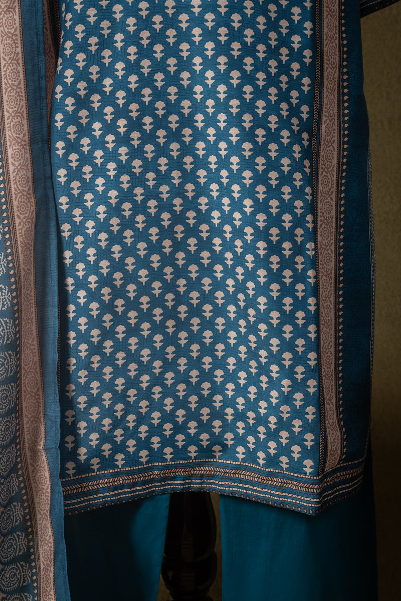 Teal Blue Floral Muslin Cotton Readymade Set