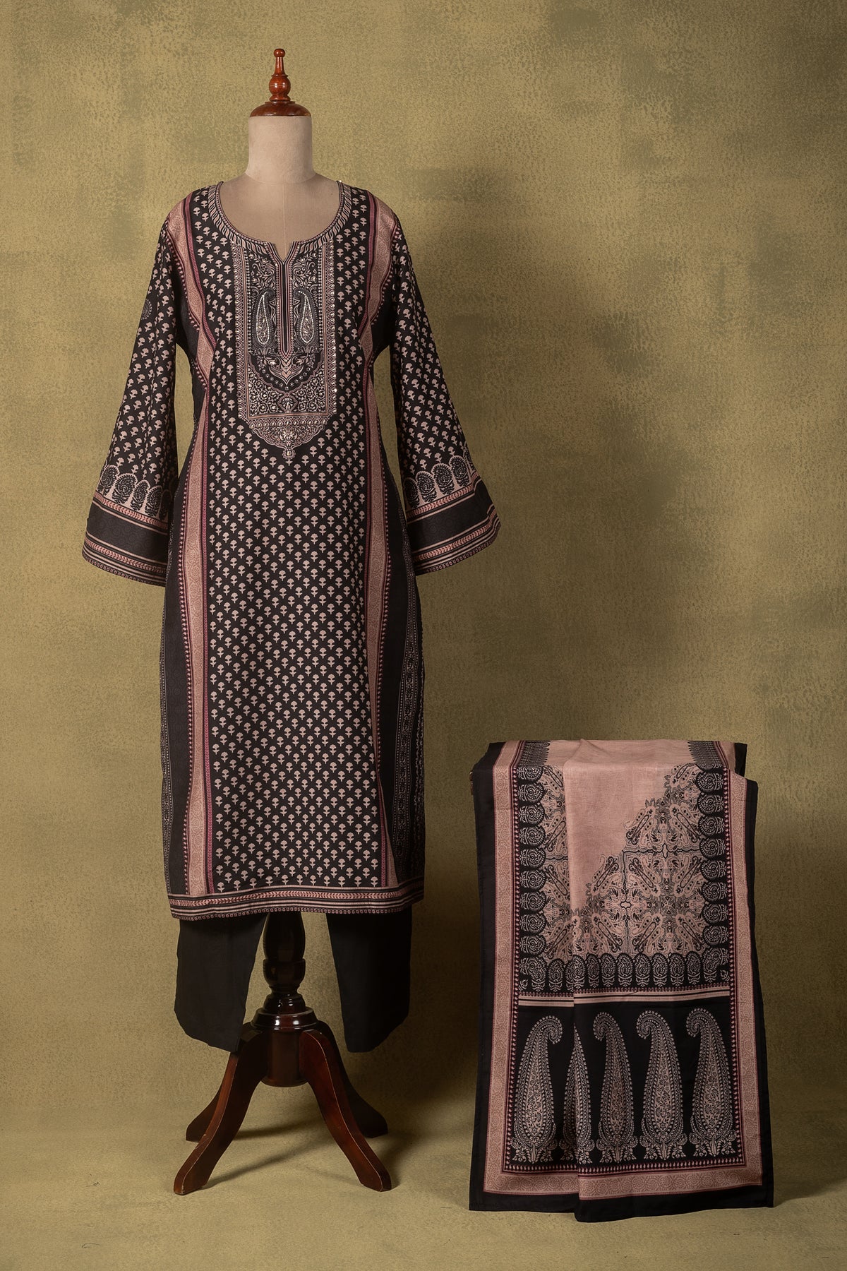 Charcoal Black Beige Printed Muslin Readymade Set