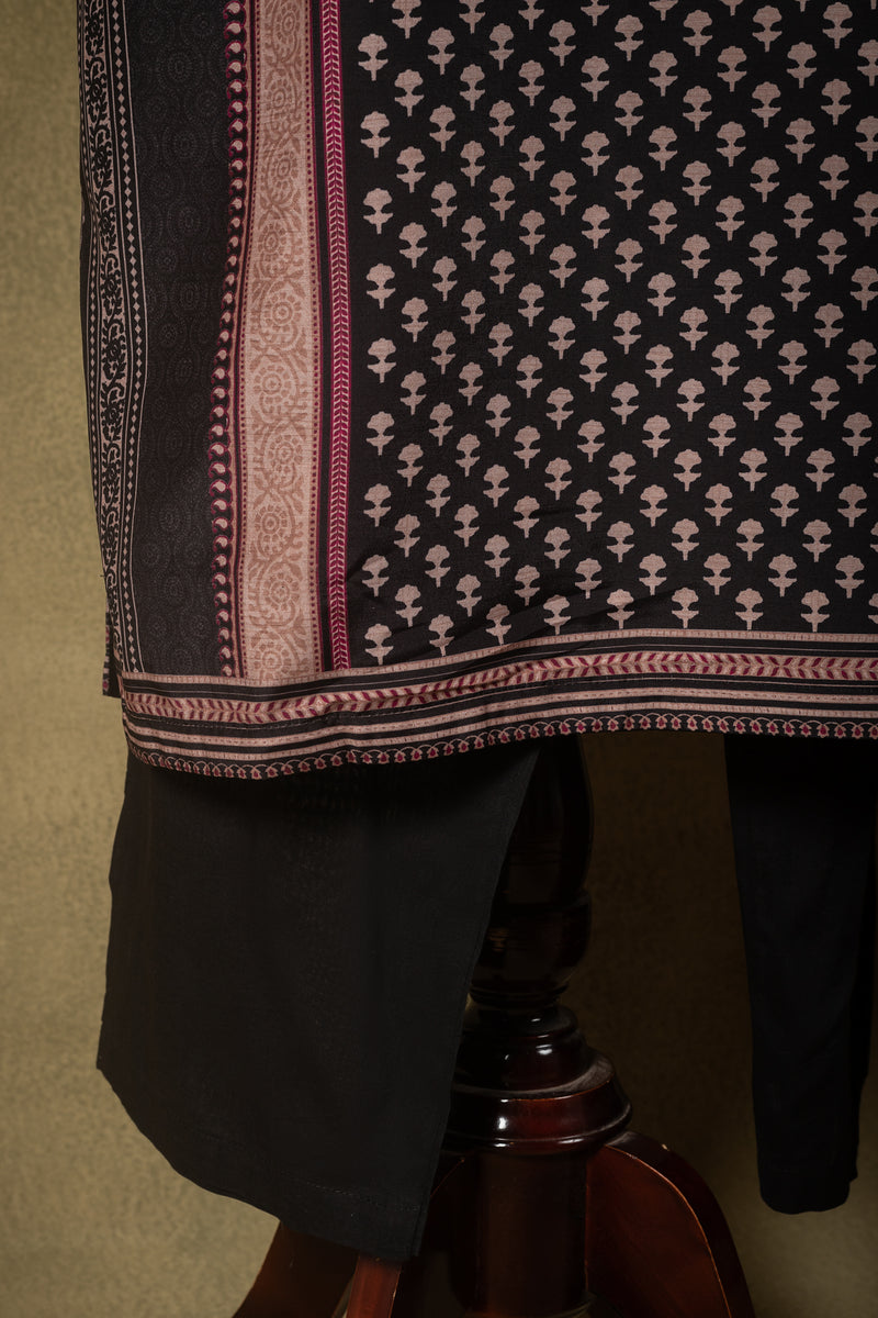 Charcoal Black Beige Printed Muslin Readymade Set