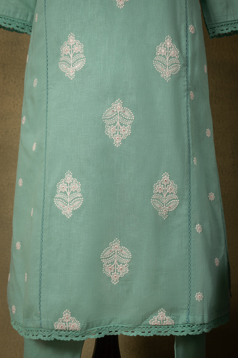 Seafoam Green Embroidered Linen Cotton Readymade Set