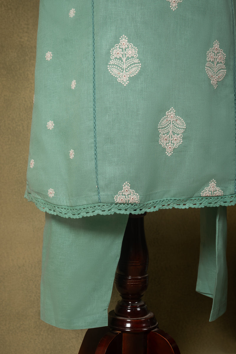 Seafoam Green Embroidered Linen Cotton Readymade Set