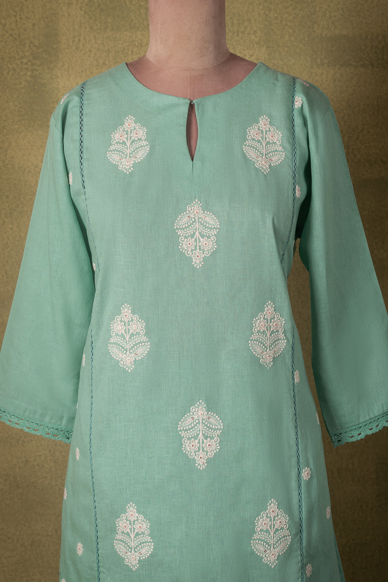 Seafoam Green Embroidered Linen Cotton Readymade Set