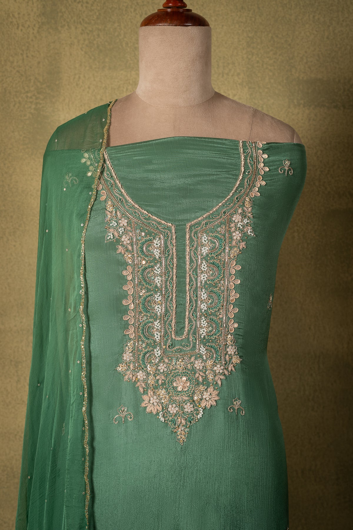 Green Chinon Embroidered Unstitched Suit
