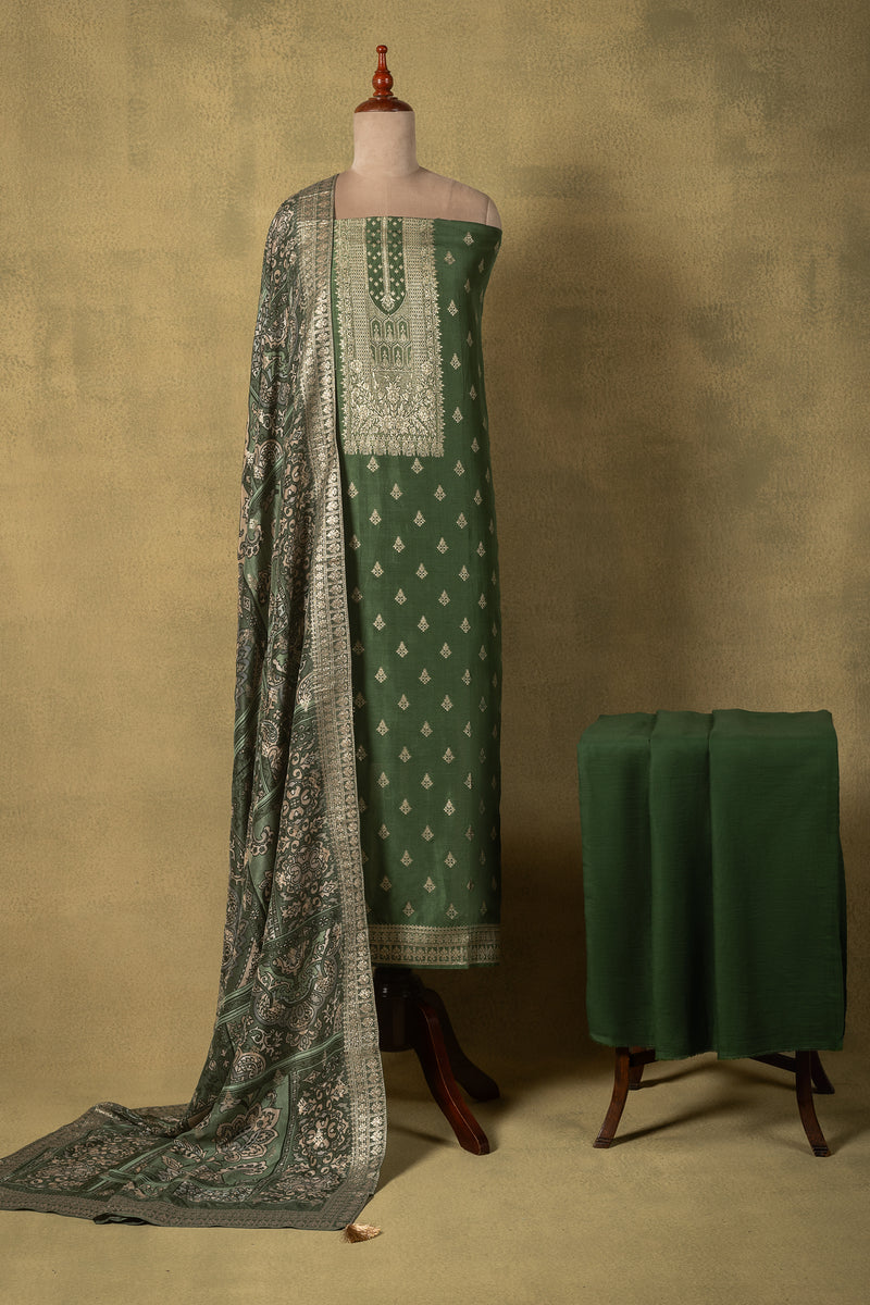 Bottle Green Soft Silk Blend Printed Unstitched Suit