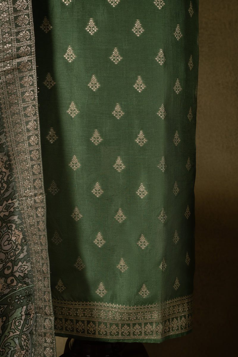 Bottle Green Soft Silk Blend Printed Unstitched Suit