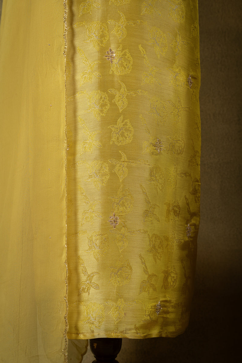 Yellow Shimmer Silk Brocade Embroidered Unstitched Suit