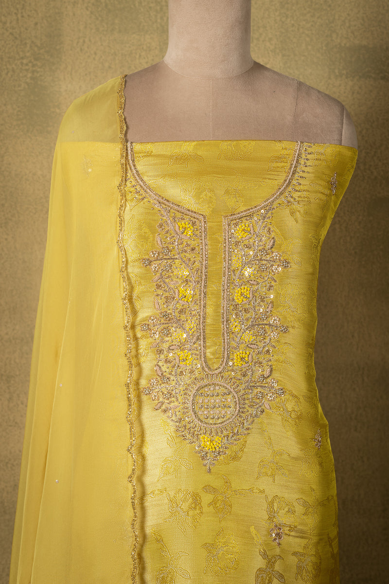 Yellow Shimmer Silk Brocade Embroidered Unstitched Suit