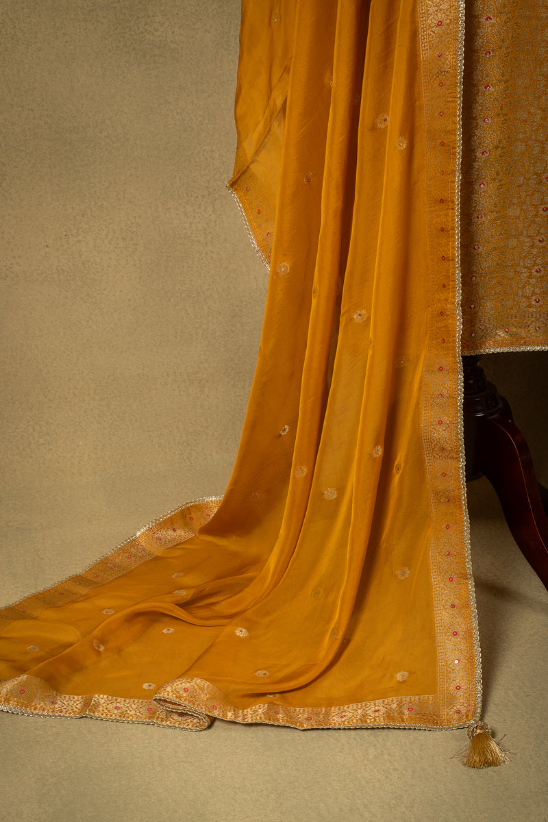 Orange Shimmer Silk Brocade Embroidered Unstitched Suit