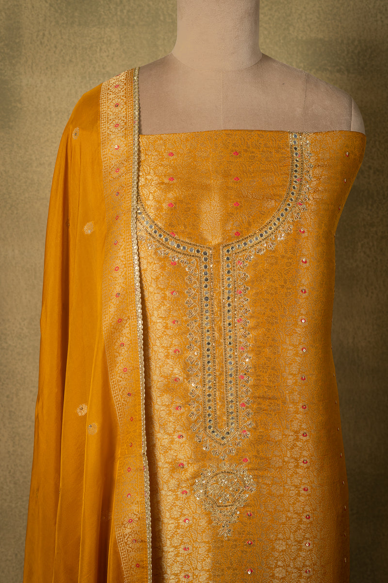 Orange Shimmer Silk Brocade Embroidered Unstitched Suit