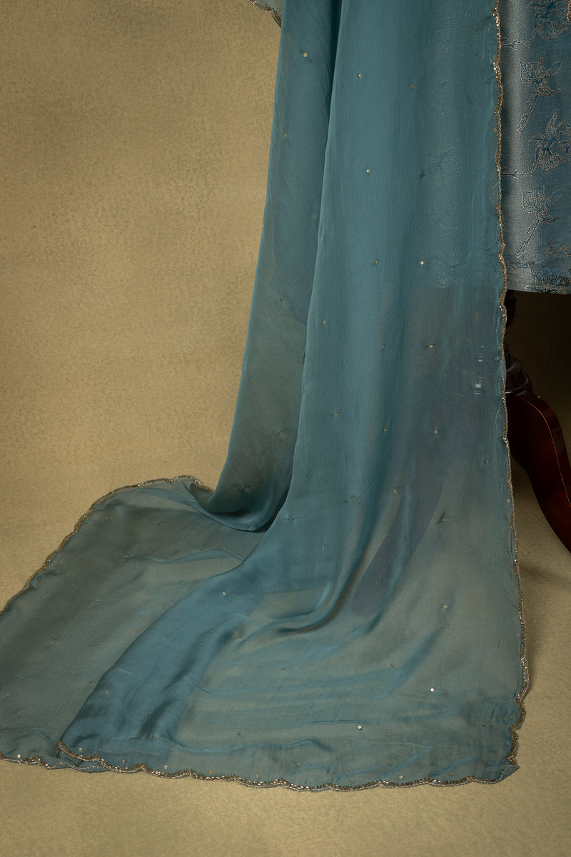 Blue Shimmer Silk Brocade Embroidered Unstitched Suit